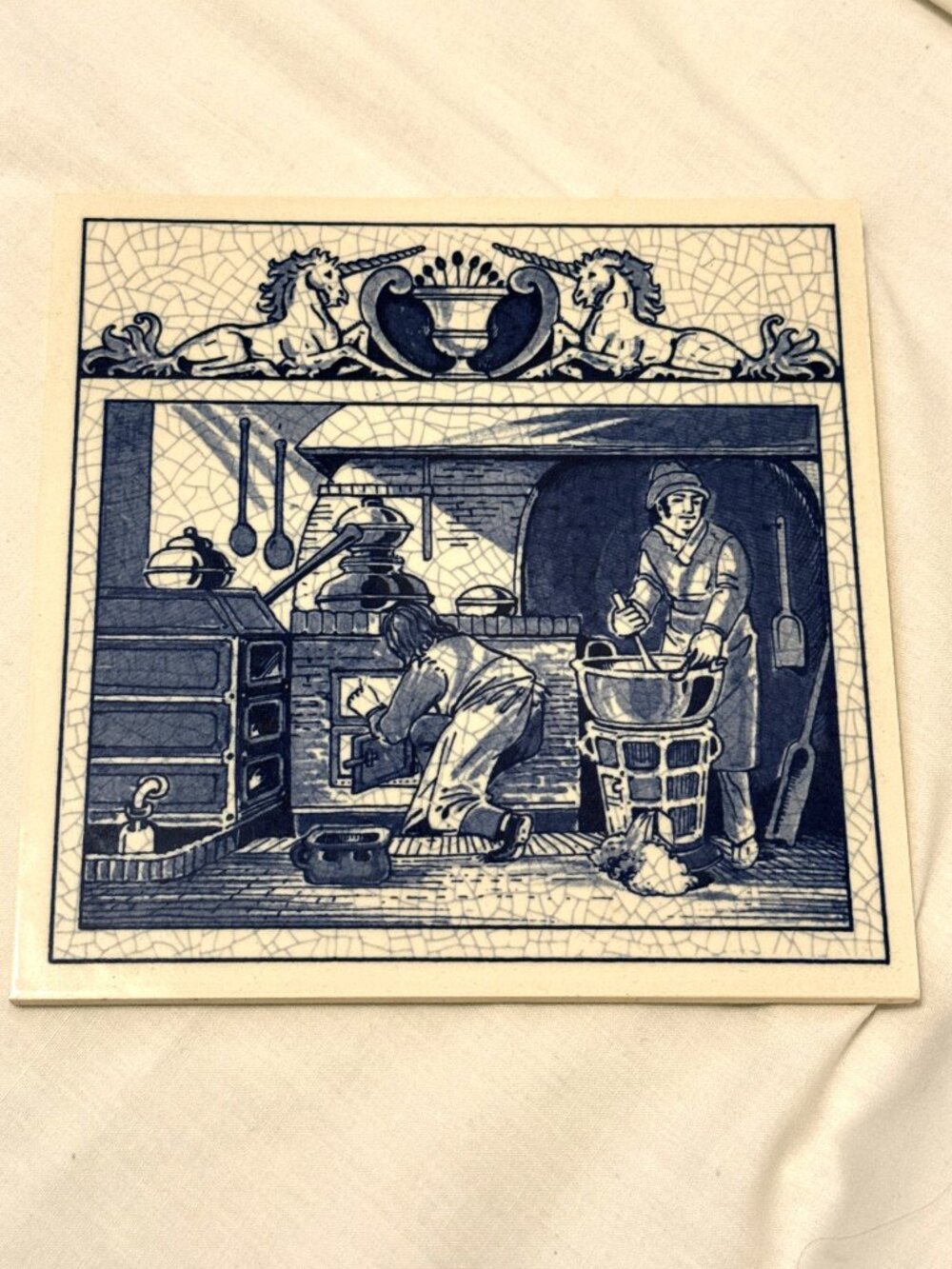 Vintage Delft Blue Holland Hand Painted Porcelain Tile Pharmacist's Laboratory